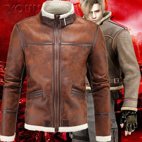 Faux Fur Collar Faux Leather Jacket Cosplay Men Winter Brown Suede Jacket Fleece Warm Bomber Coats Male Outwear Pocket 5XL