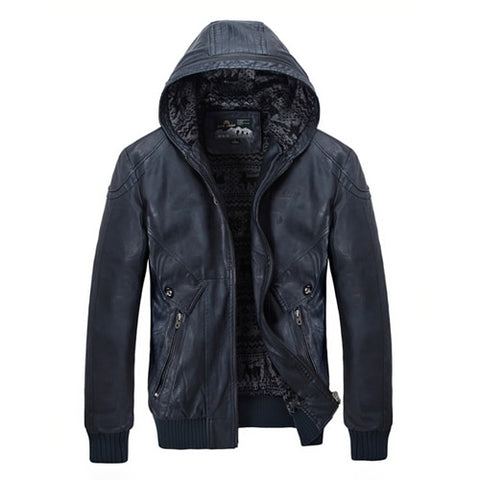 Winter Leather Jacket Men Warm PU Fleece Jackets Coats Hood Brand Velvet Coats High Quality Business Slim Business Black