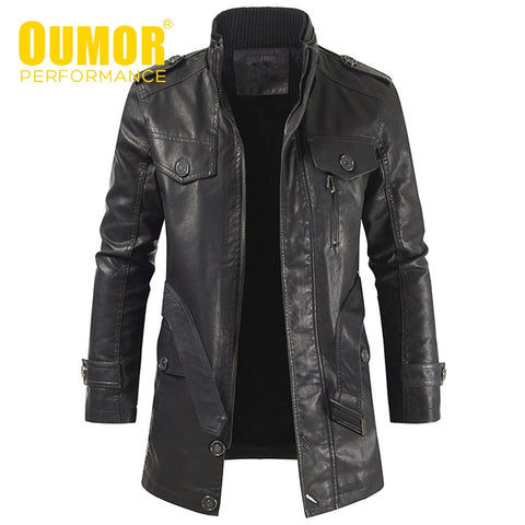 Oumor Men Winter Casual Long Warm Fleece PU Leather Jacket Coat Men Outwear Brand Thick Punk Motor Vintage Leather Jackets Men